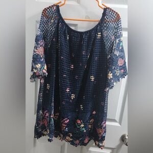 Navy Floral Lace Cold-Shoulder Tunic Top
